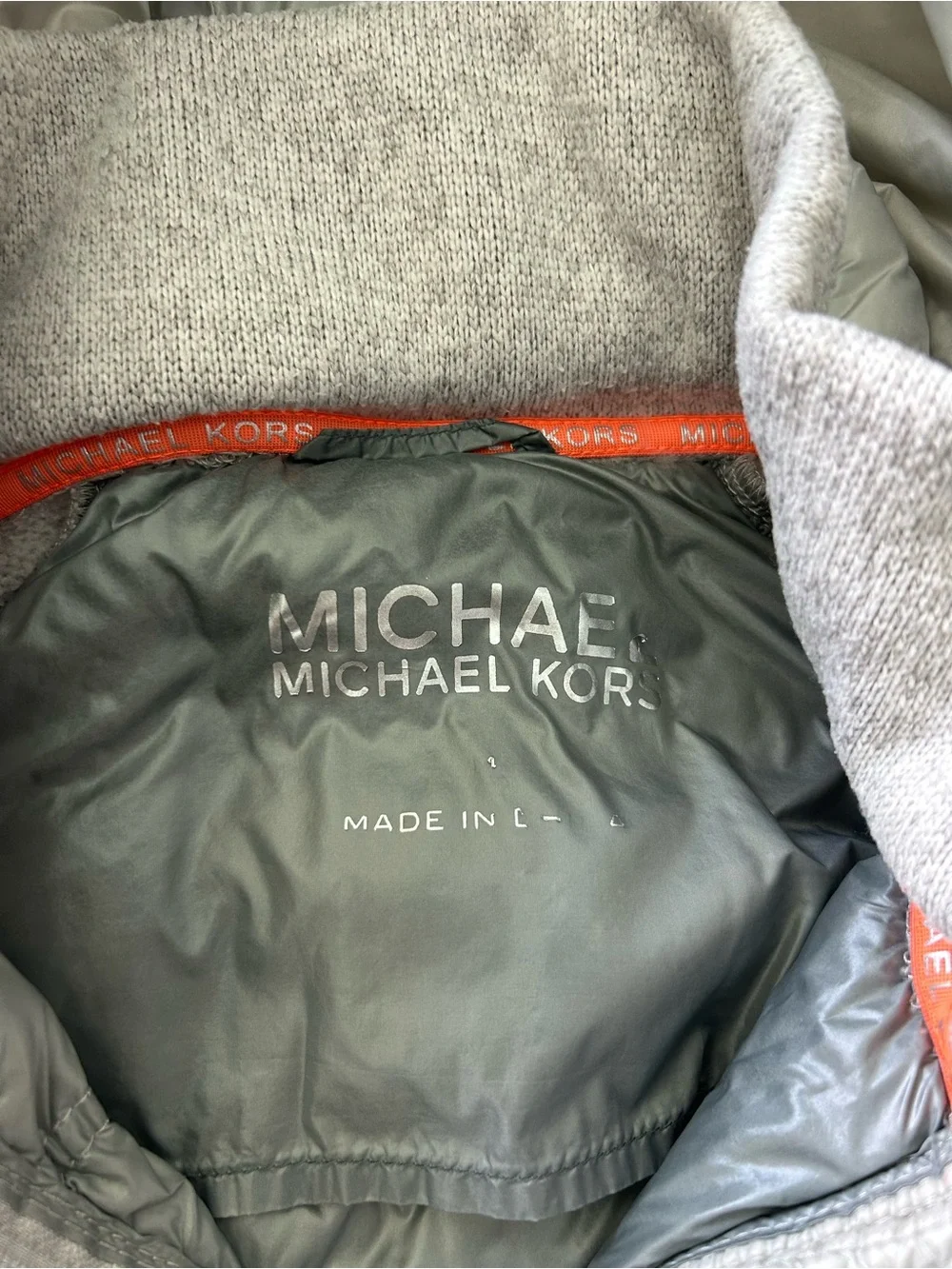 Michael Kors Light Gray Quilted Hooded Jacket with Coral Trim
